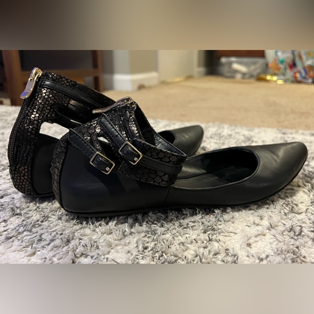 BCBGeneration black Flats with ankle strap and zipper back size 7.5